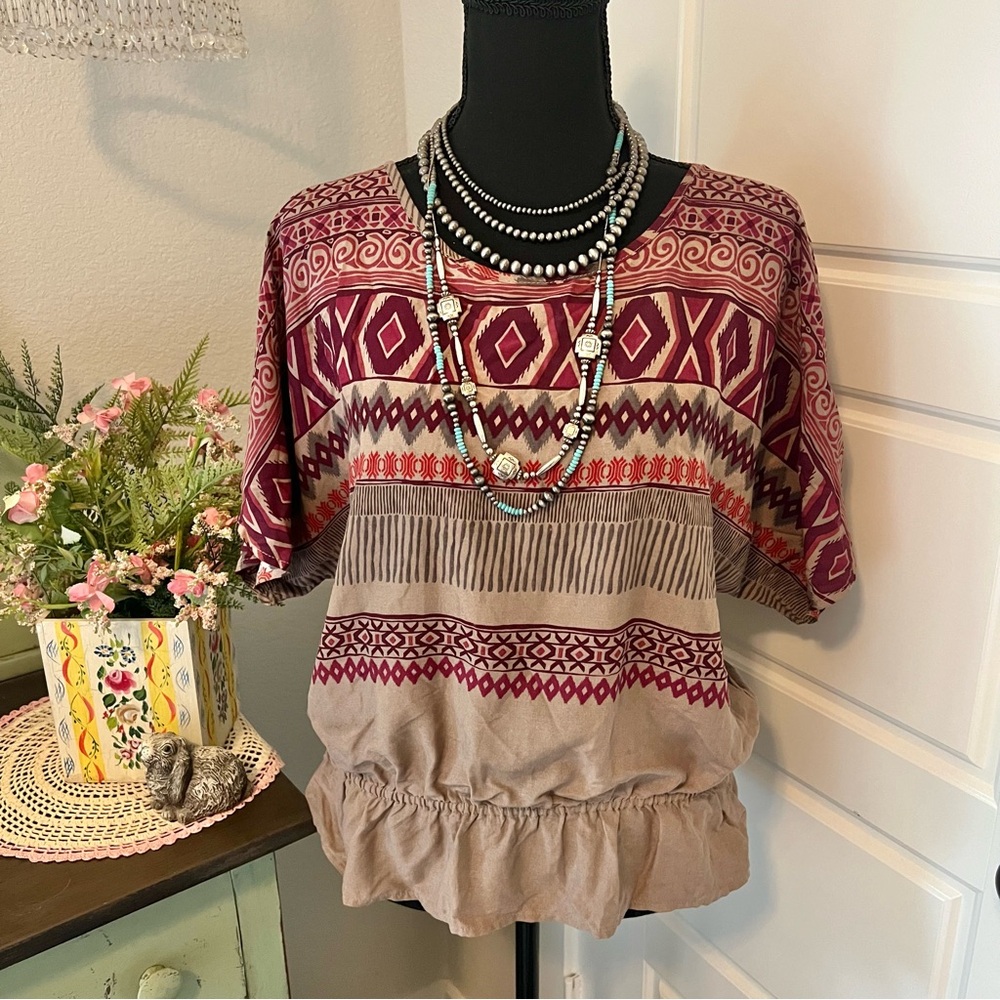 Tan‎ Maroon Boho Hippie South Western Dolman Sleeve Elastic  Waist Blouse Sz M